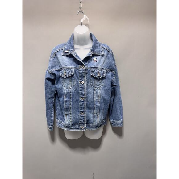 Unbranded Jackets & Blazers - Crane Embroidered Blue Button-up Denim Jacket Destressed Detailing Women’s L